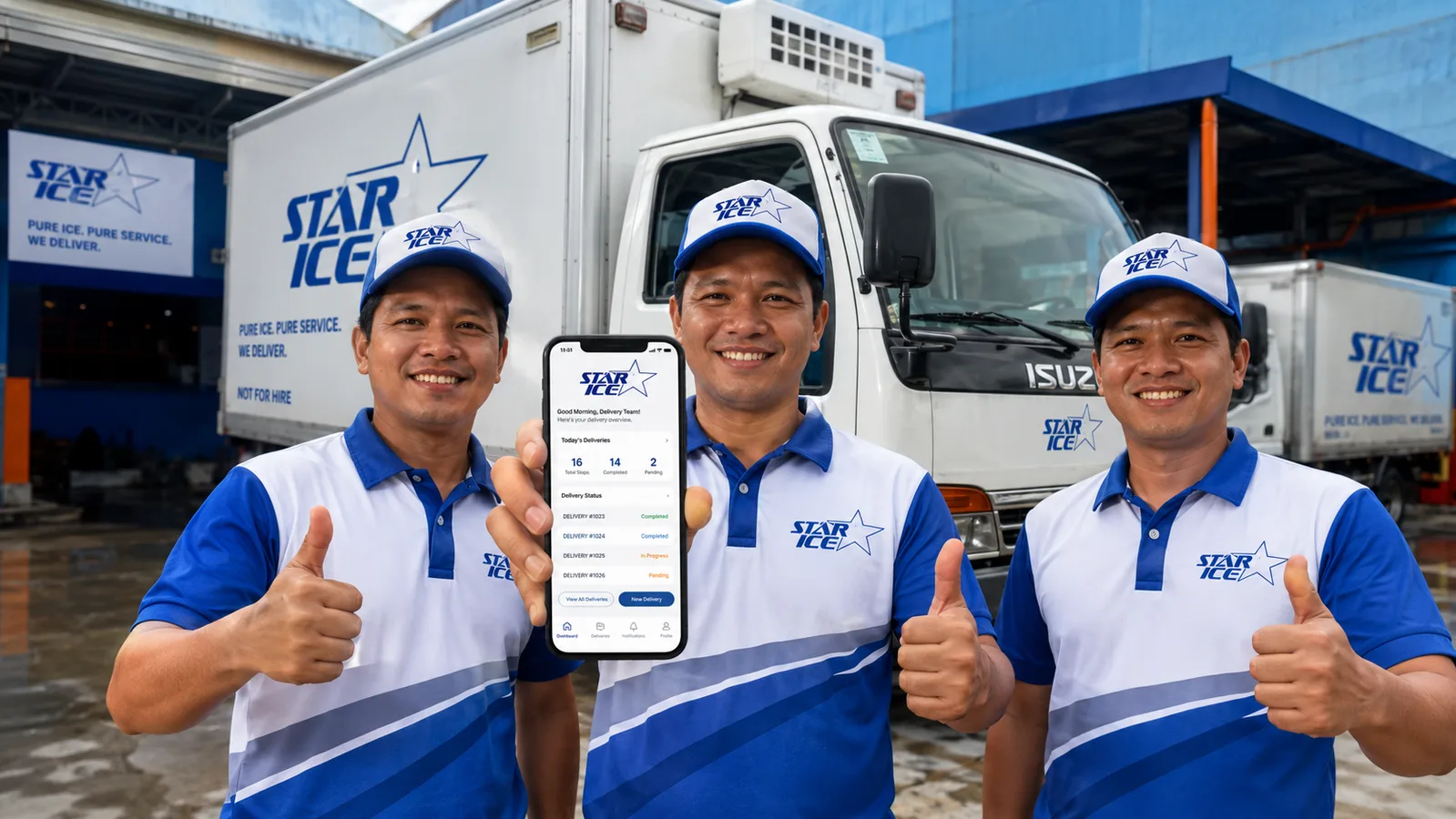 Three smiling Star-Ice delivery team members beside a branded refrigerated truck, with the mobile delivery app visible